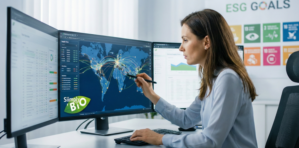 Compradora profesional analizando riesgos y datos de cumplimiento en la cadena de suministro global de frutas y verduras frescas por acuerdo de Mercosur