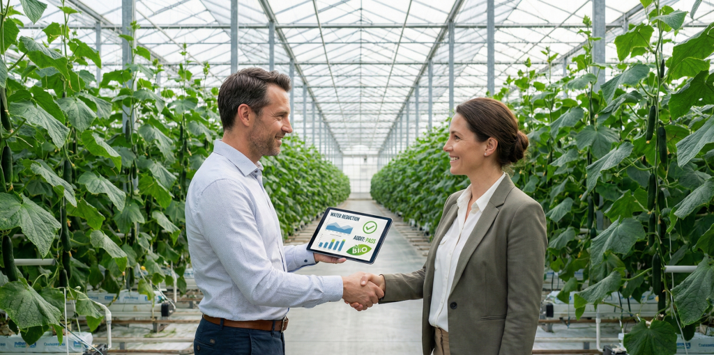 Acuerdo de colaboración B2B entre comprador y proveedor en un invernadero ecológico de alta tecnología en España, revisando auditorías de sostenibilidad