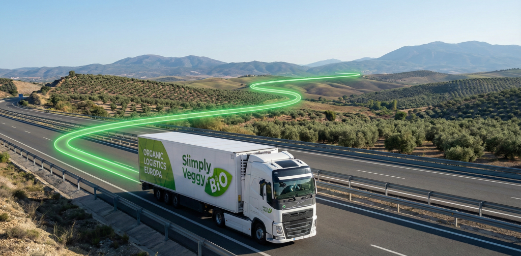 Camión de transporte frigorífico de Siiimply Veggy BIO en ruta desde el sur de España hacia el norte de Europa